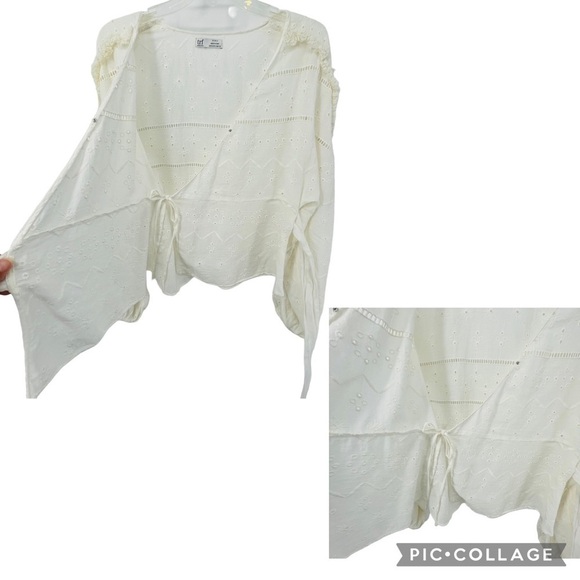 Zara Trf Collection Off-White Sheer Eyelet Fringe Wrap Boho Blouse - Sz S - Picture 7 of 16